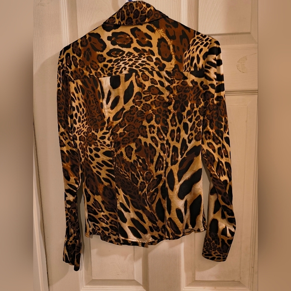 Cache Silk Animal Print Button Down Shirt Gold Accents XS - Picture 2 of 4